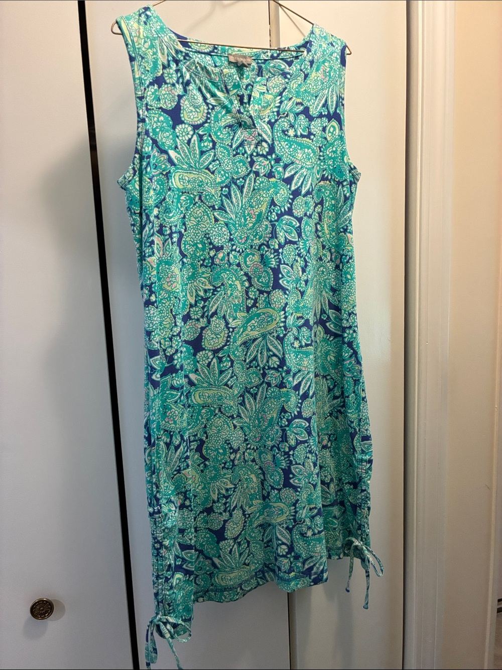 T by Talbots Teal, Aqua & Navy Paisley V-Neck Dress